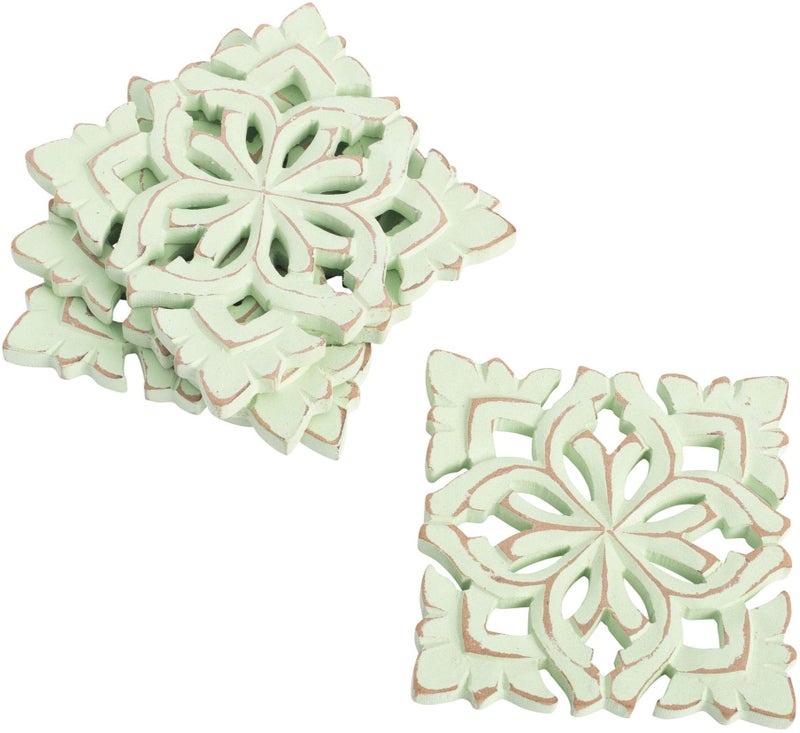 Palais Essentials Farmhouse Decor Wood Coasters for Drinks - Kitchen Table Drink Coaster Set of 4 (Square Carved Blossom Sage Green) - Image 5